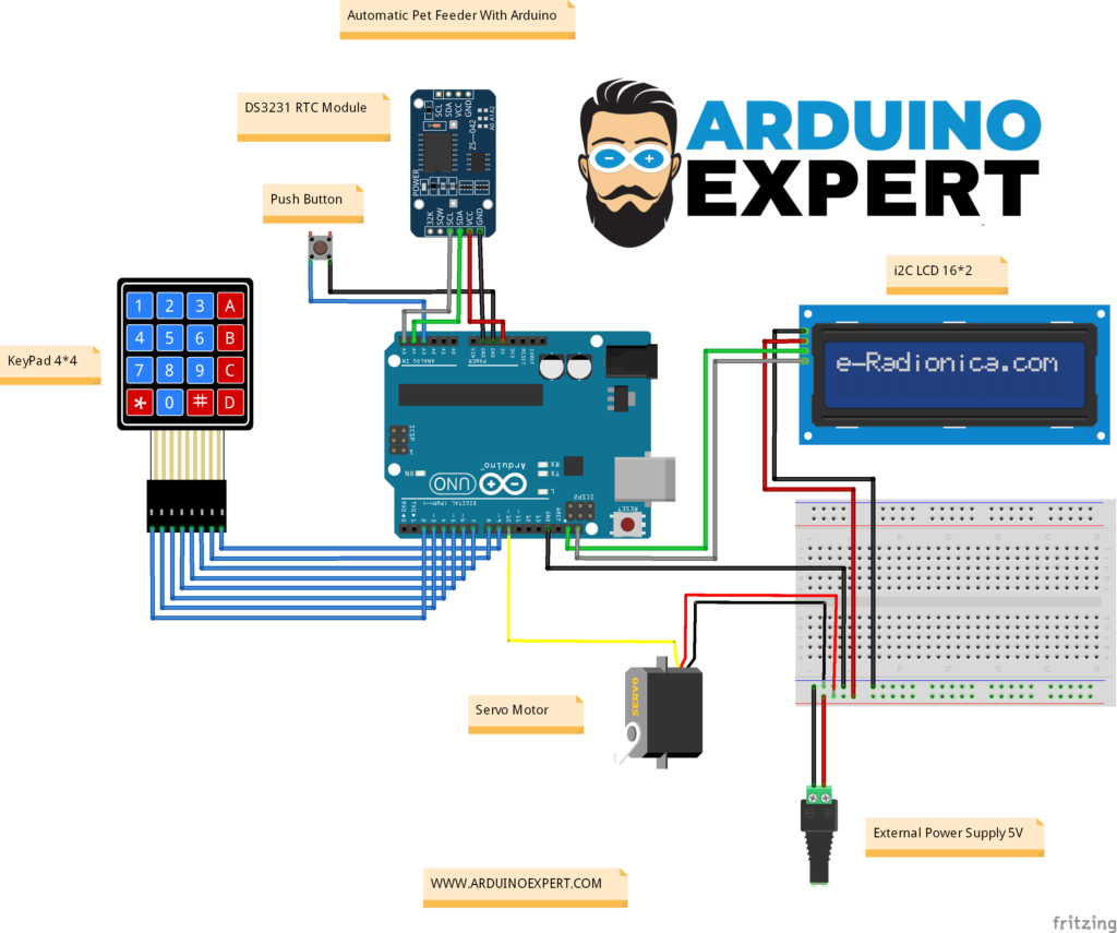 Arduino automatic pet feeder updated circuit diagram with external 5V power supply