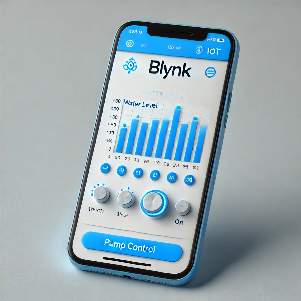 A smartphone screen displaying the Blynk IoT app dashboard. The dashboard includes a water level indicator in the form of a vertical bar graph