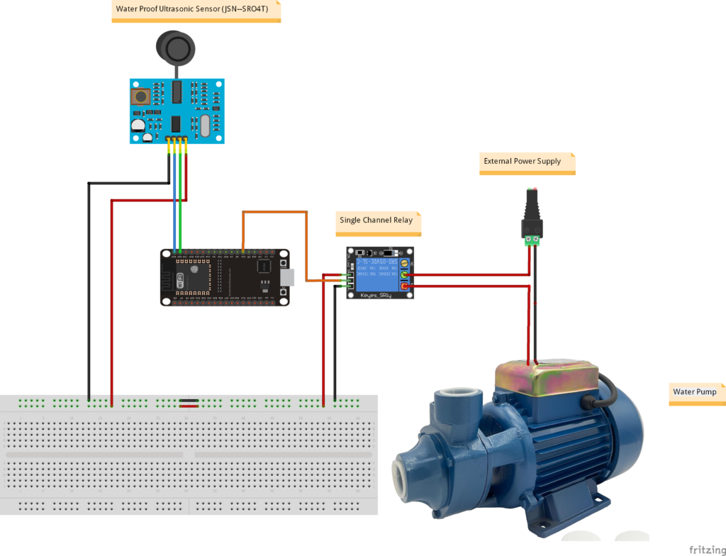 Circuit diagram of IOT Water Pump and Tank Control with ESP32 and Blynk