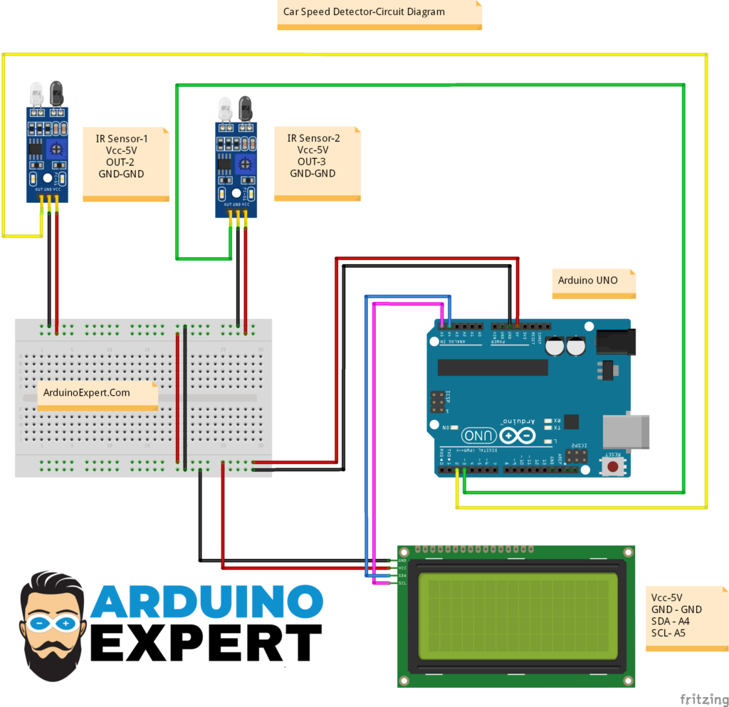 Circuit Diagram of Car Speed Detector with Arduino UNO IR Sensor I2C LCD