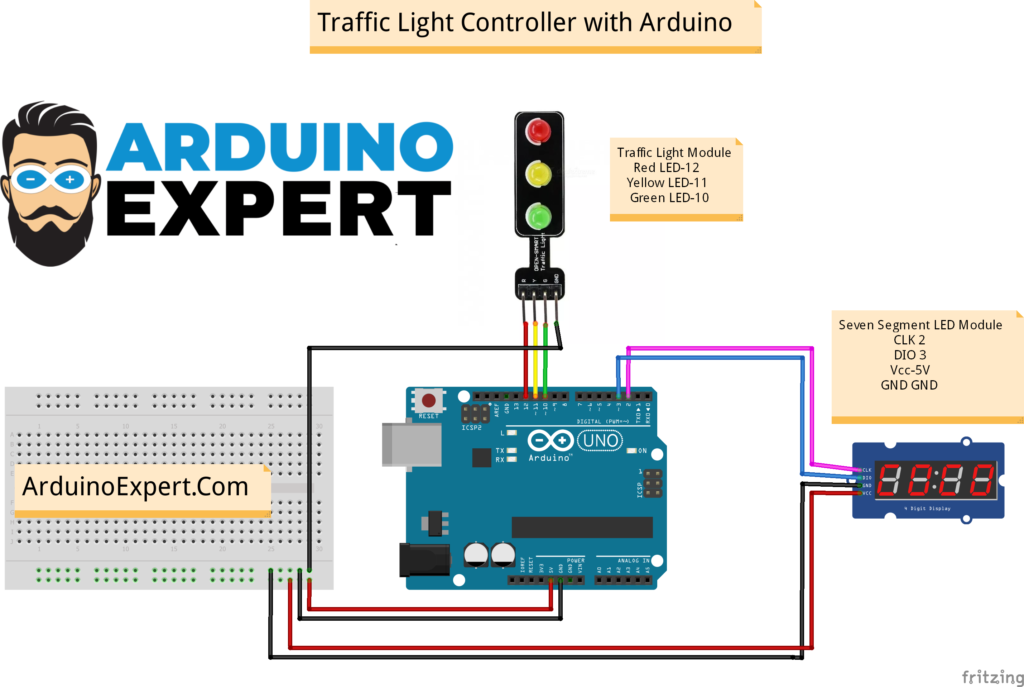 Traffic Light Controller with Arduino UNO and TM1637 Seven Segment Display Module