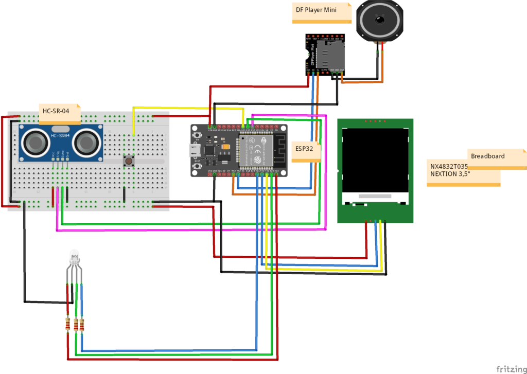 Circuit Diagram of ESP32 with Nextion Touch LCD, Ultrasonic Sensor, DFPlayer Mini, and NeoPixel LED Strip