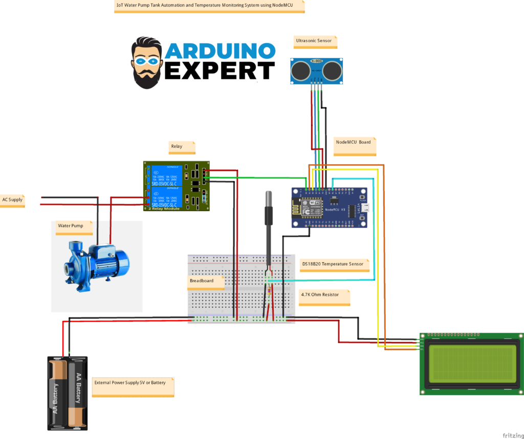 Circuit Diagram of IoT Water Pump Tank Automation Monitoring System with NodeMCU