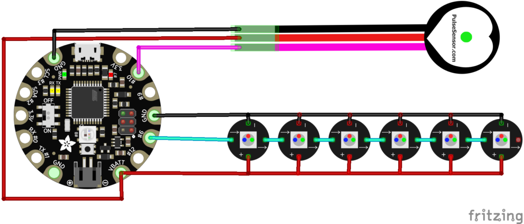 Circuit Diagram of Smart Heart Rate Display System using Adafruit FLORA and NeoPixel LEDs
