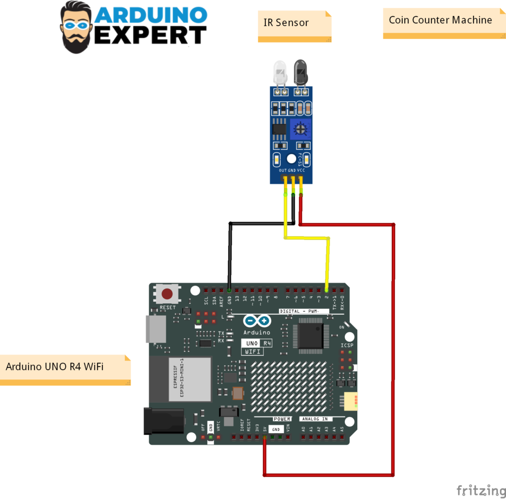 Circuit Diagram of IoT Coin Counter Machine with Arduino UNO R4 and IR Sensor