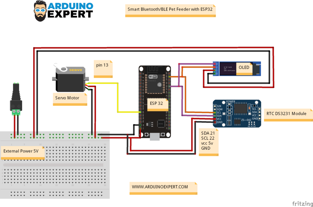 Circuit Diagram of Smart Bluetooth Pet Feeder with ESP32 and Servo Motor and OLED with Direct 5V Power Supply
