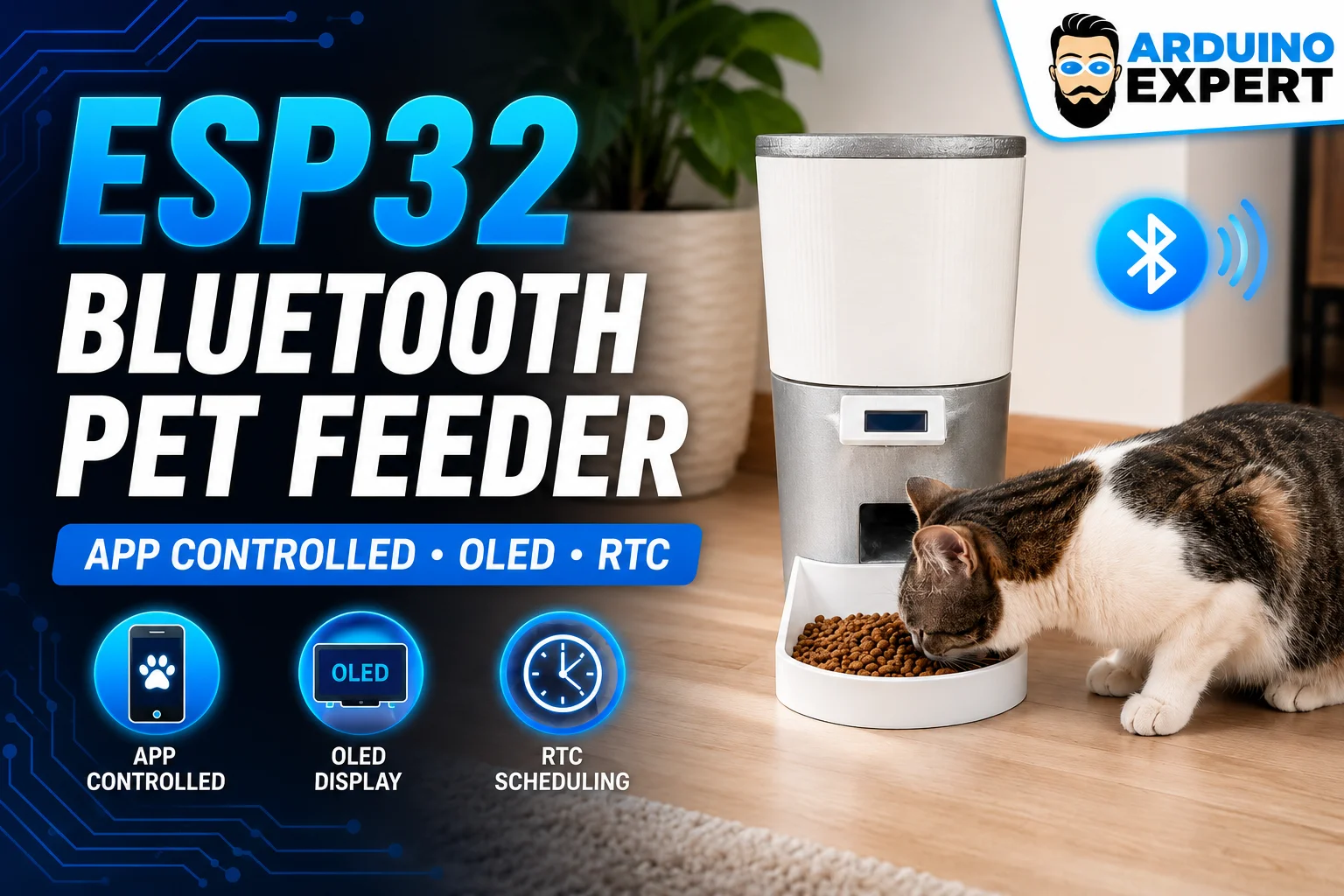 ESP32 Bluetooth pet feeder with gray and white 3D printed enclosure