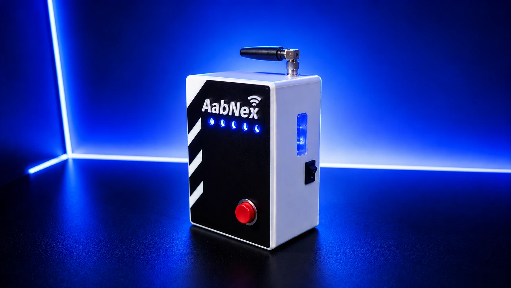 Side view of AabNex SMS Solar TubeWell VFD Controller Device showing power ON OFF Button and SIM Jacket