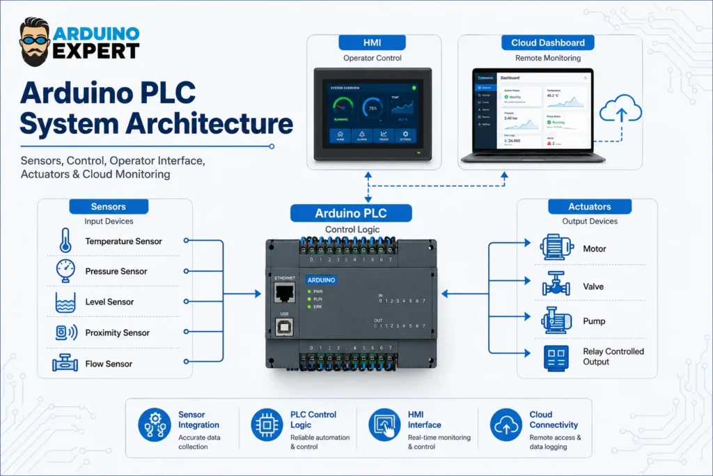 Arduino Expert PLC System architecture showing sensors, PLC, HMI, motors, valves, and cloud dashboard.