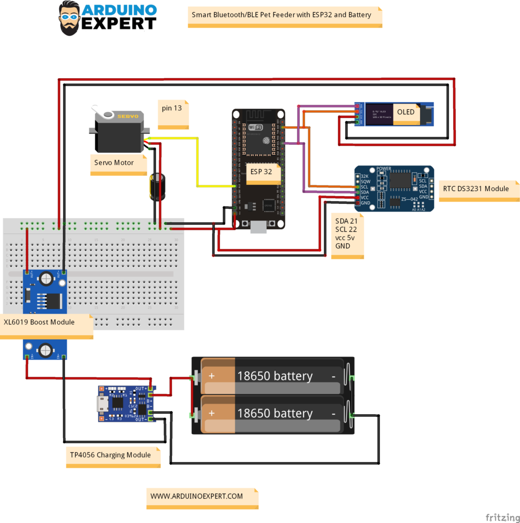 Pet Feeder Circuit Diagram with ESP32 and Servo with Battery and TP 4056 Charging module and Boost Converter