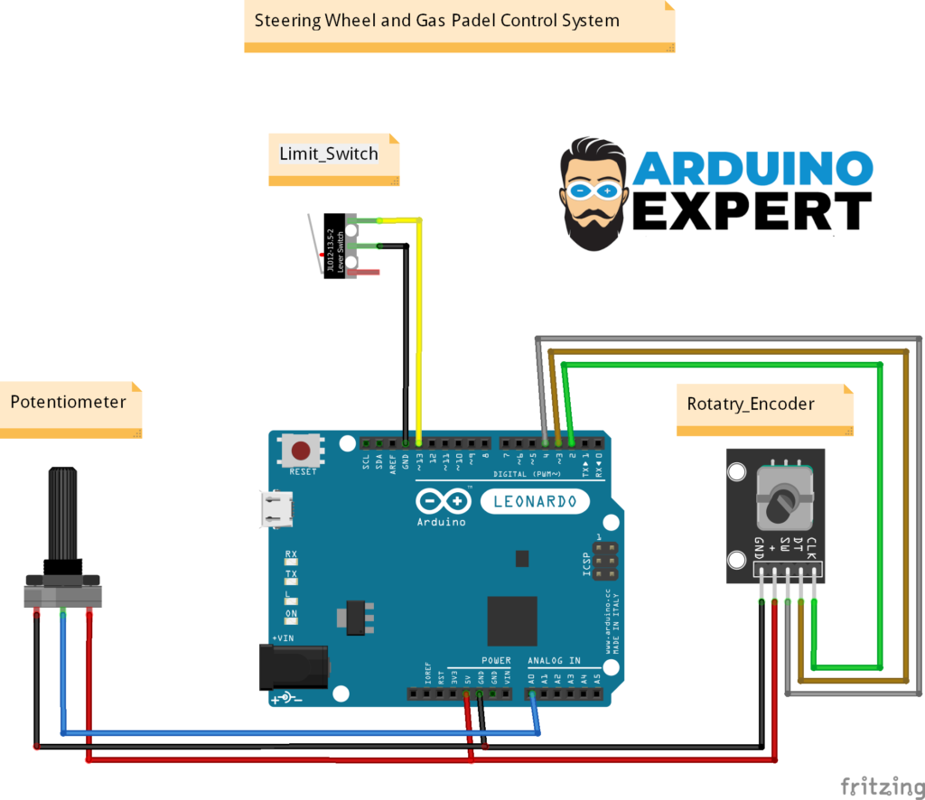 Circuit Diagram of Driving Wheel Project with Arduino Leonardo, Rotary encoder and Potentiometer.