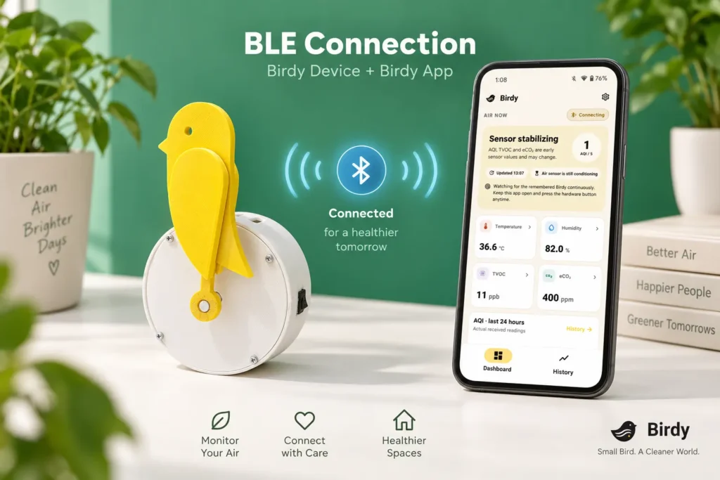 BLE Connection between Smartphone and Birdy AQI Monitoring Device