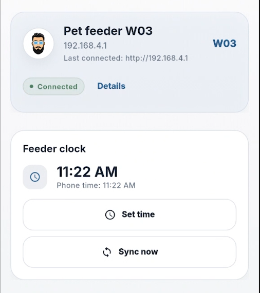 ESP32 Automatic Cat Dog feeder connected to an Android smartphone through a local WiFi network