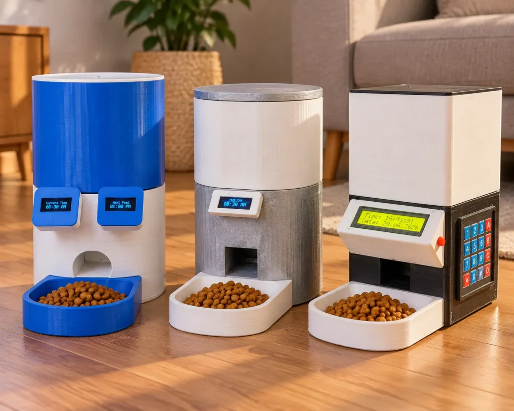 Three different Automatic Pet Feeders placed in a Row, Developed by Arduino Expert.